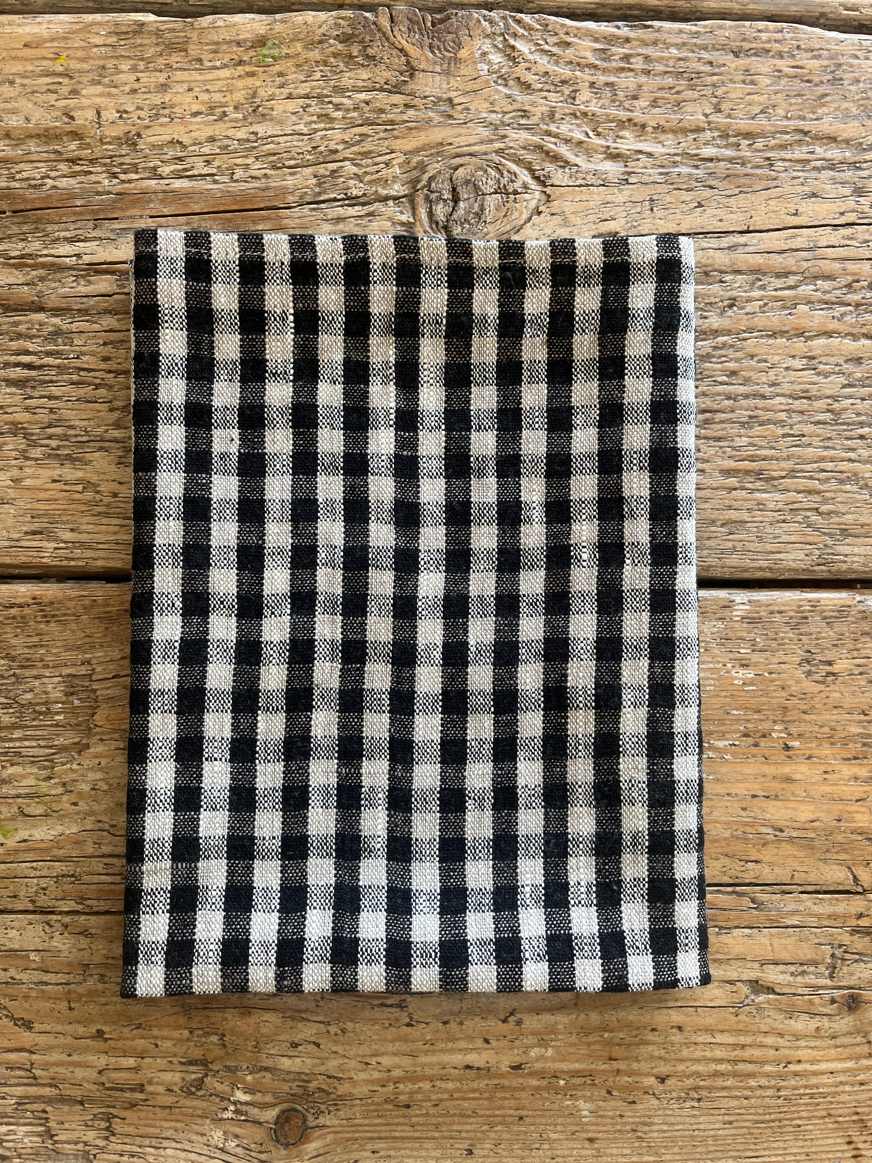 Rutete kjøkkenhåndkle i natur/sort 100% lin, 2stk