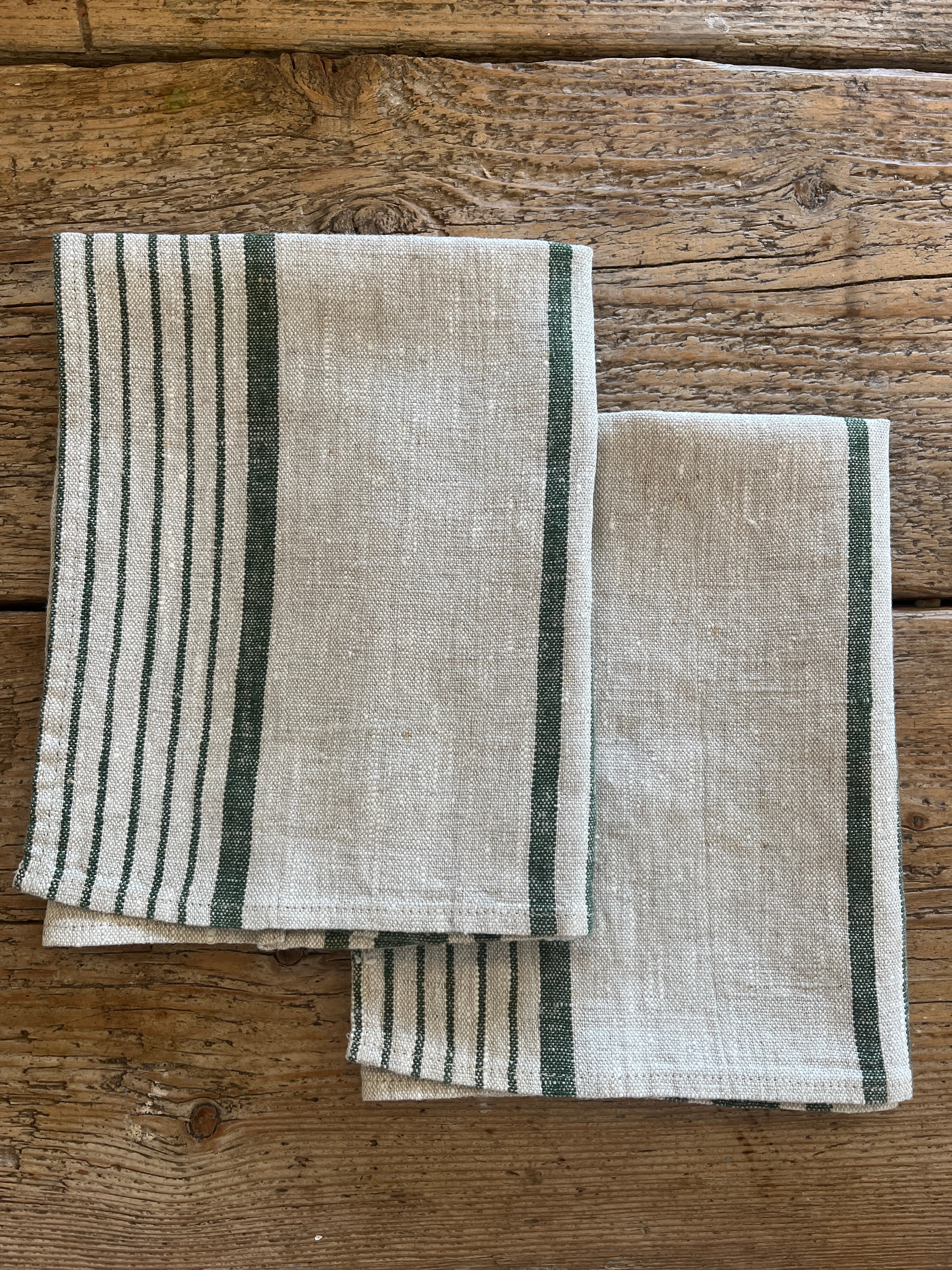 Stripete kjøkkenhåndkle i natur/grønn 100% lin, 2stk