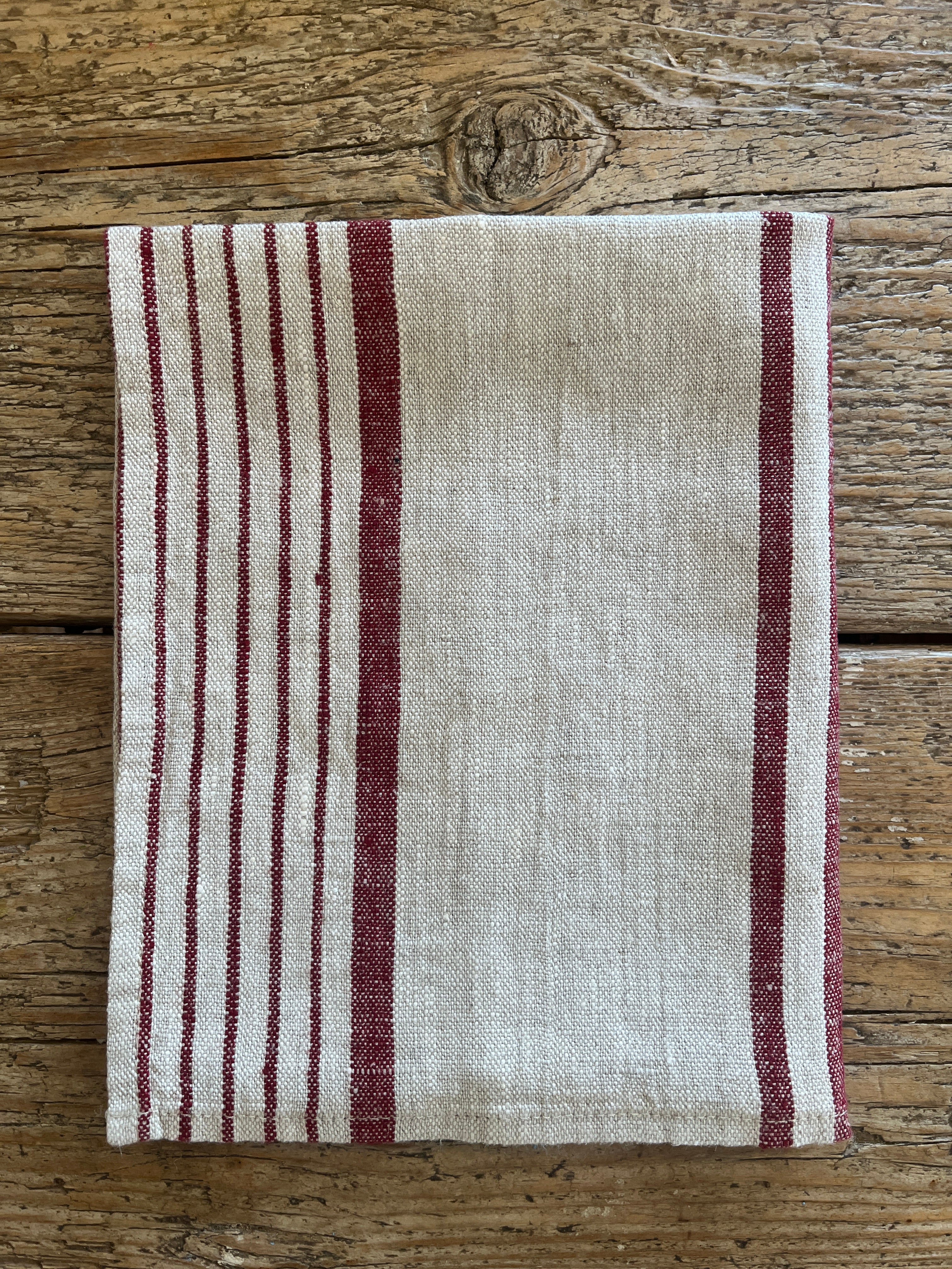 Stripete kjøkkenhåndkle i natur/rød 100% lin, 2stk