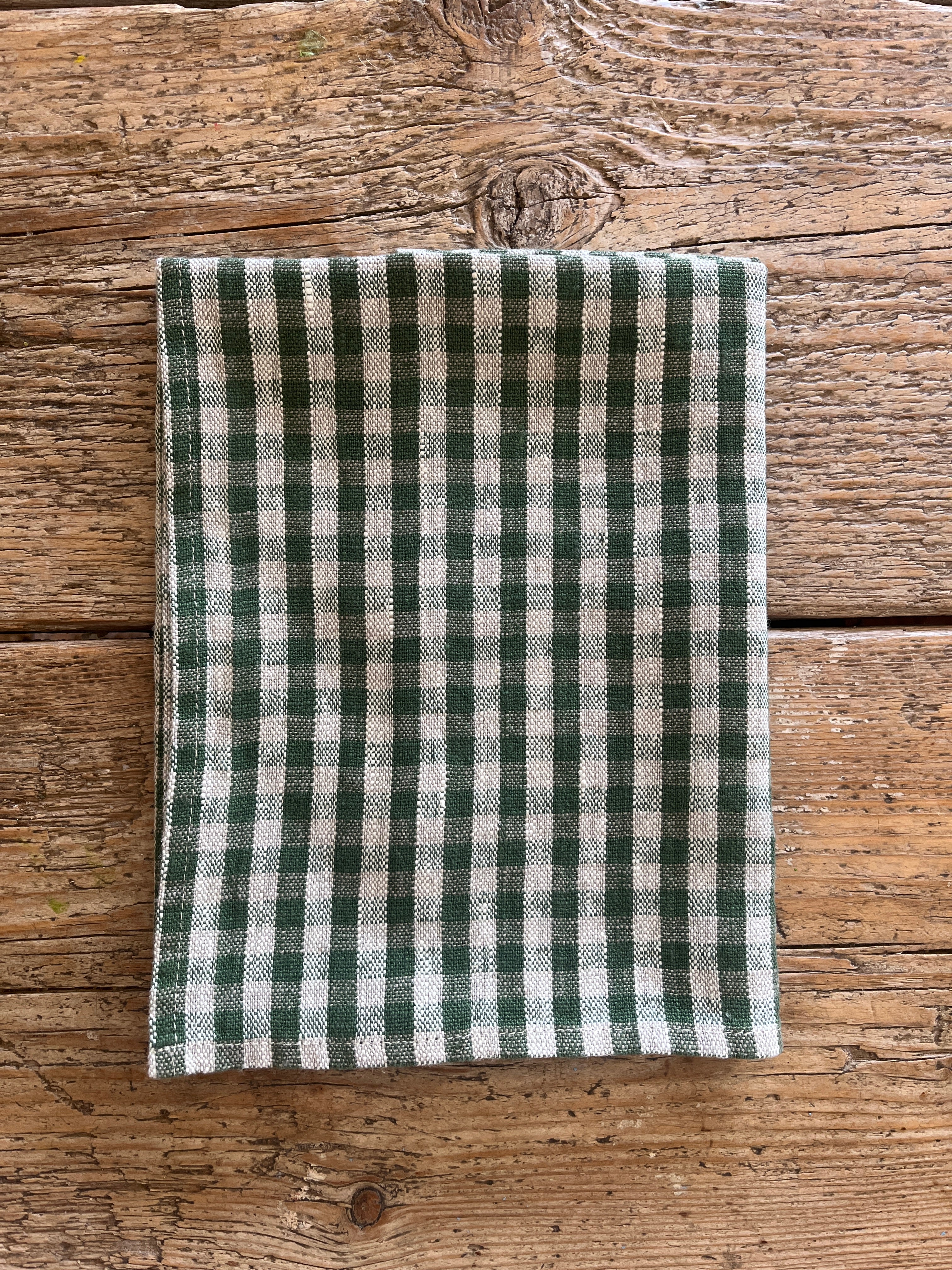 Rutete kjøkkenhåndkle i natur/grønn - 100% lin, 2stk