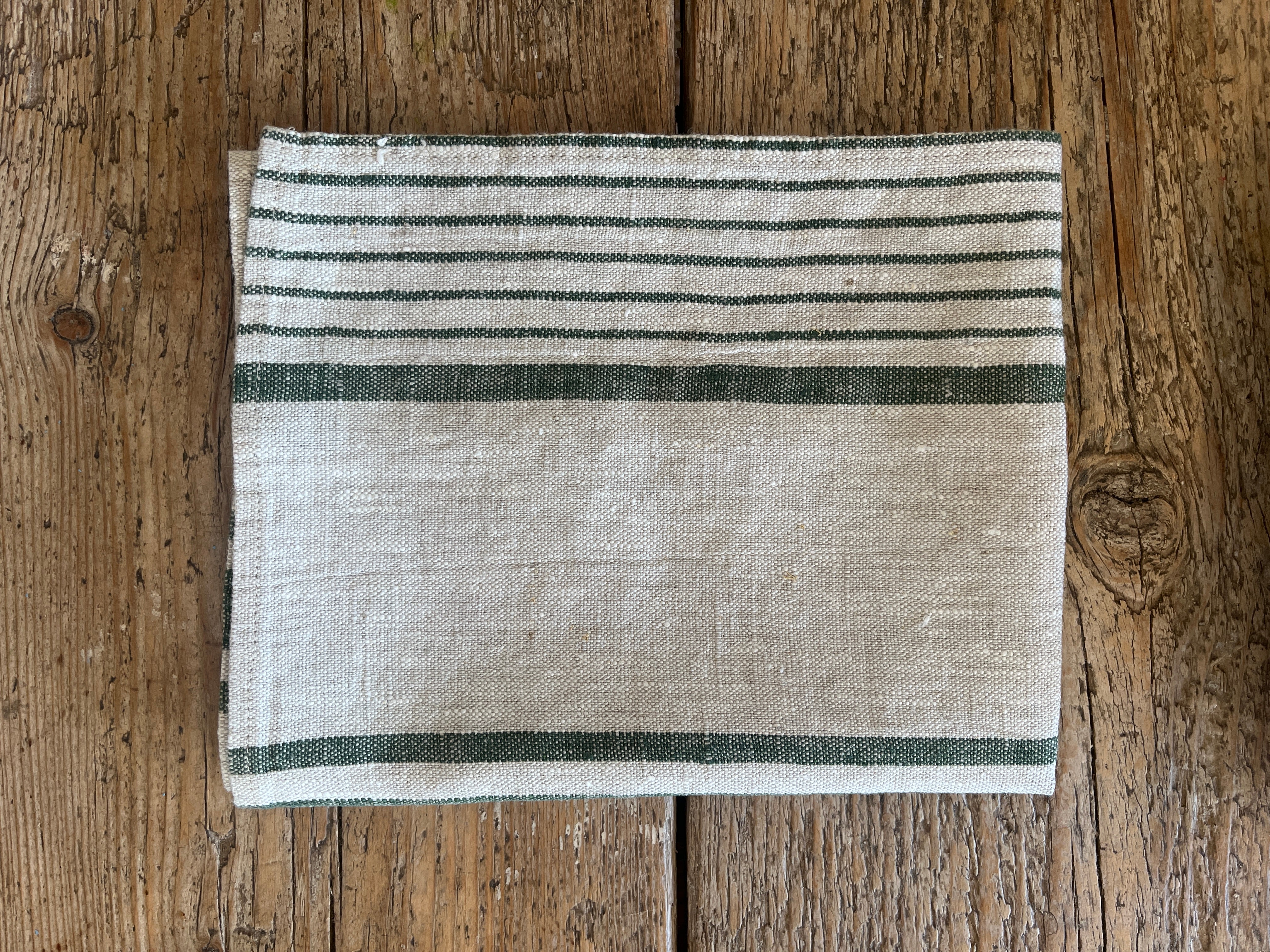Stripete kjøkkenhåndkle i natur/grønn 100% lin, 2stk