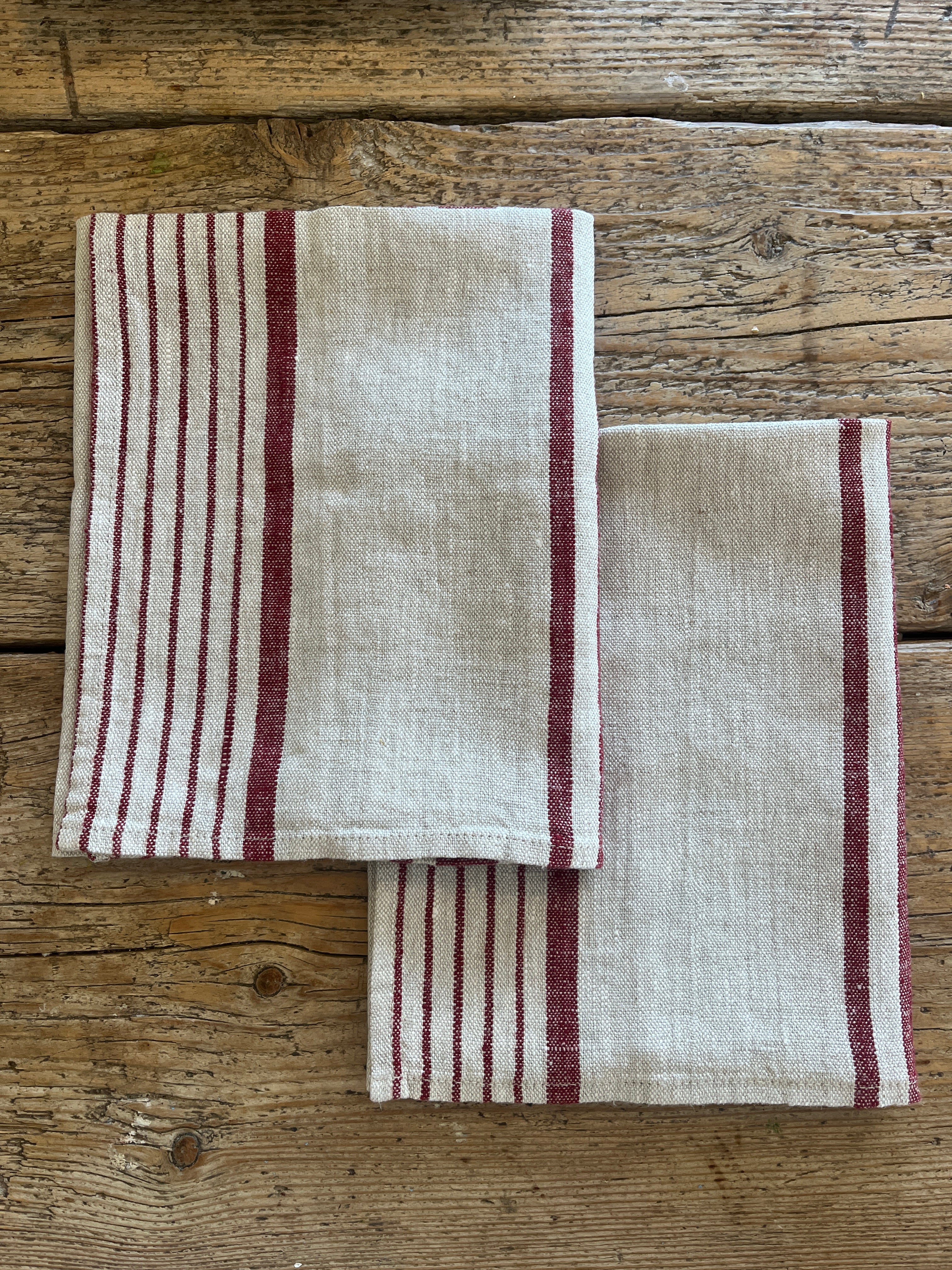 Stripete kjøkkenhåndkle i natur/rød 100% lin, 2stk