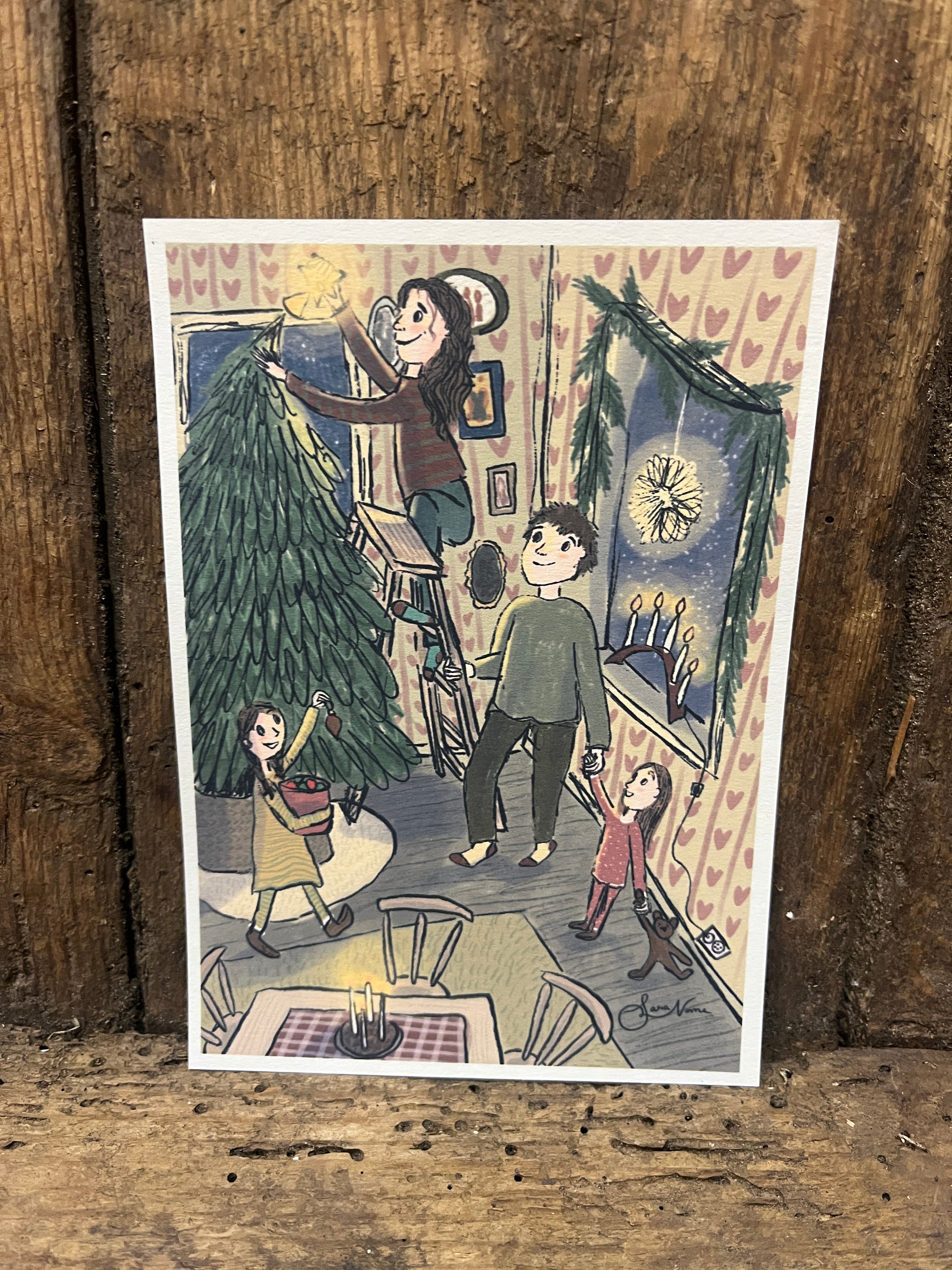 Julekort - Pynting av tre