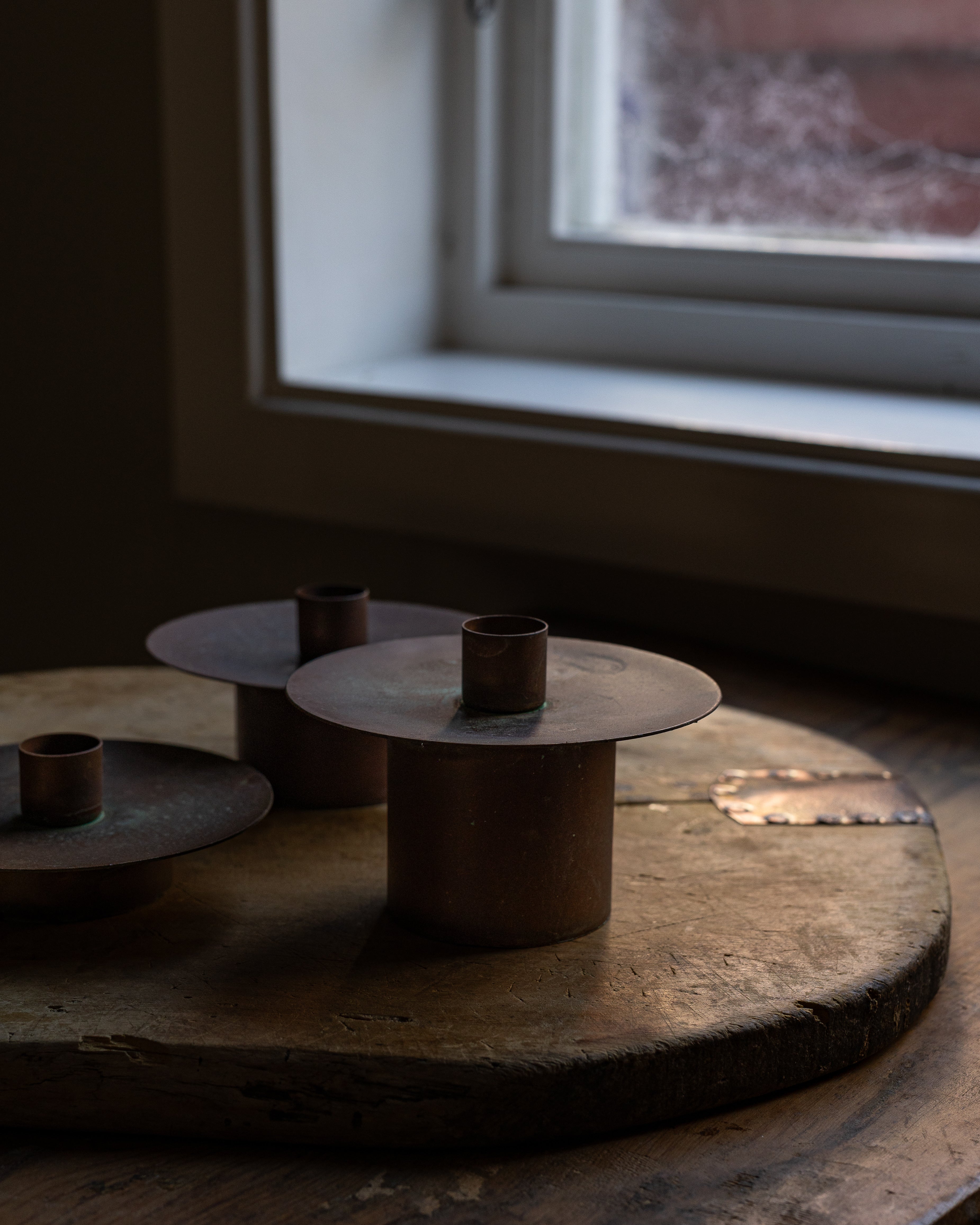 3 stk industrielle lysestaker i kobber 